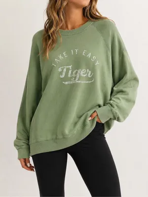 Aerie Take It Easy Tiger Green Sweatshirt Size S Oversized Graphic Crewneck thumbnail 1
