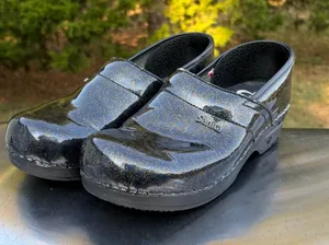 Sanita Professional Black Multicolor Glitter Patent Leather Danish Clogs Sz 40 thumbnail 1