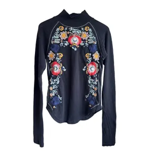 Free People Disco Rose Black Embroidered Folk Floral Mock Neck Top XS thumbnail 2