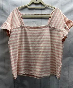 Free Assembly NWT Pink and Cream Square Neck Ruffle Short Sleeve Top Size Large thumbnail 1