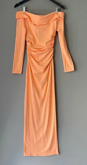 Boohoo‎ Cotton Coastal Beachy Clean Girl Ruched Bardot Maxi Dress 4 Orange thumbnail 1