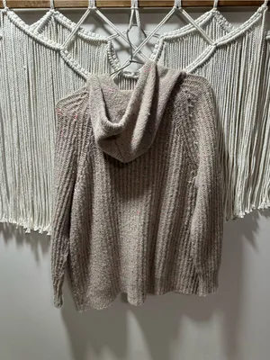 aerie Taupe Knit Hooded Crewneck Sweater with Pink Speckle thumbnail 3