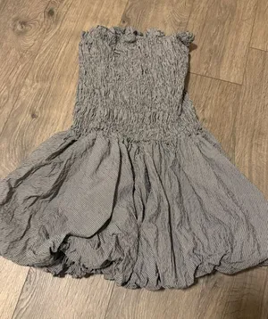 Anthropologie Black & White Striped Smocked Strapless Dress thumbnail 1