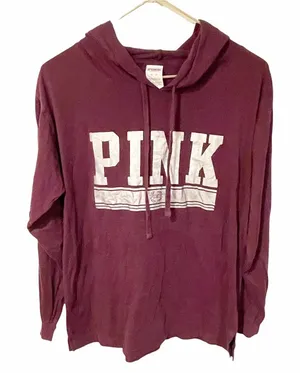 Victorias Secret Pink‎ Medium Burgundy Maroon Spell Out Hooded Sweatshirt thumbnail 1