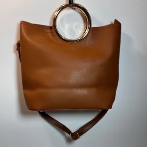 Brown Faux Leather Tote Bag With Gold Ring‎ Handle Shoulder Crossbody Strap thumbnail 2