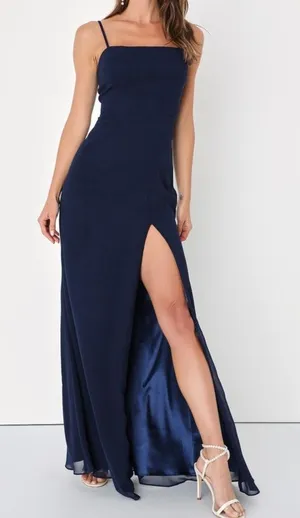 NEW Lulus Feeling Elegant Navy Blue Lace-Up Back Slit Chiffon Maxi Dress Medium thumbnail 1