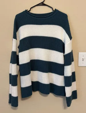 Striped Zesica Amazon Women’s Crewneck Sweater Green and White Stripes thumbnail 1