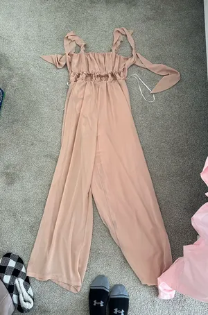 lulus blush ruffled tie back wide leg jumpsuit  thumbnail 1