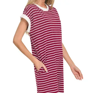 Zenana Contrast Trim Striped T-shirts‎ Dress thumbnail 2