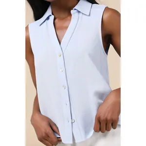Lulus Casual Contentment Light Blue Linen Button-Up Collared Tank Top Medium NWT thumbnail 2
