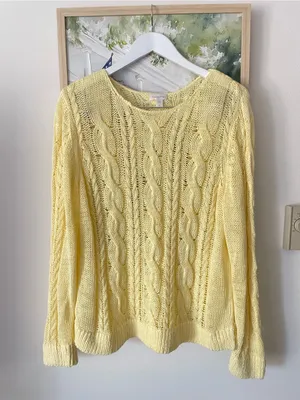 Garnet Hill Linen & Organic-Cotton Cabled Pullover Sweater Sunlight XL thumbnail 3