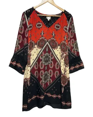 Fig and Flower Womens Boho Chic Shift Dress L Multicolor Crochet Lace Paisley thumbnail 1