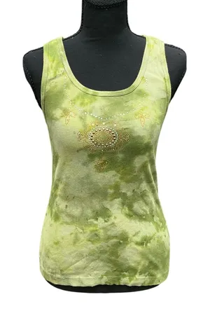 Vintage Y2K Green Tie Dye‎ Rhinestone Cotton Ribbed Tank Top Medium NWT thumbnail 1