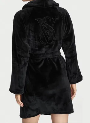 Victoria’s Secret‎ Black Plush Logo Embroidered Short Cozy Bath Robe M/L thumbnail 1
