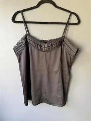 White House Black Market Black Satin Camisole Top with Lace Trim thumbnail 1