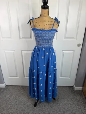 Boutique Sz S Blue Daisy Smocked Tie Strap Tiered Maxi Dress Cottagecore thumbnail 2