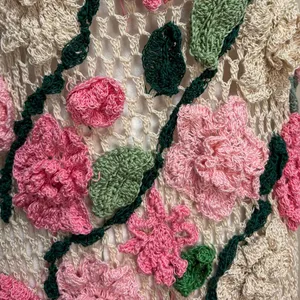 Crochet Floral Swim Cover Up Dress Beige Pink Stretch Boho Beach Festival OSFM‎ thumbnail 2