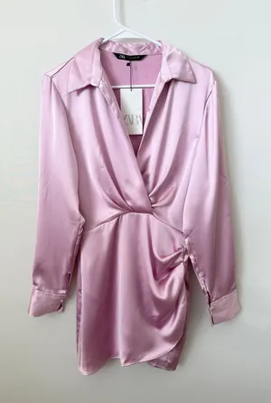 mini dress satin effect drapped long sleeve pink party wedding coctail thumbnail 4