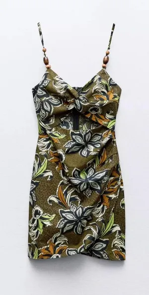 Zara Printed Mini Dress With Cut-Out Detail Tropical Brown Yellow S Small 8 4 36 thumbnail 5