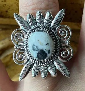 White Buffalo Turquoise Sterling Silver Feather Ring Size 7 Black thumbnail 1