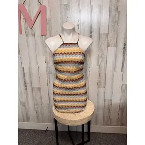 Derek Heart Lace Mini Dress Size Medium Striped Bodycon Halter Criss Cross Back thumbnail 2
