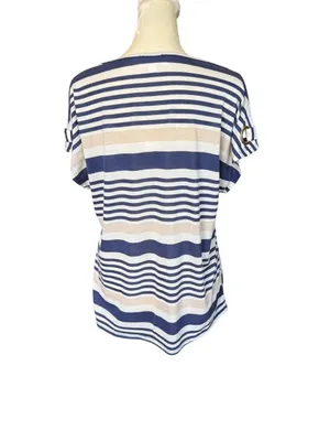 Modern Attraction navy white cream striped cap sleeve pullover top size M thumbnail 4
