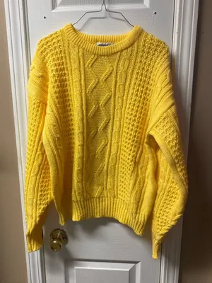 Vintage Bright Yellow Cable Knit Crewneck Sweater for Women thumbnail 1