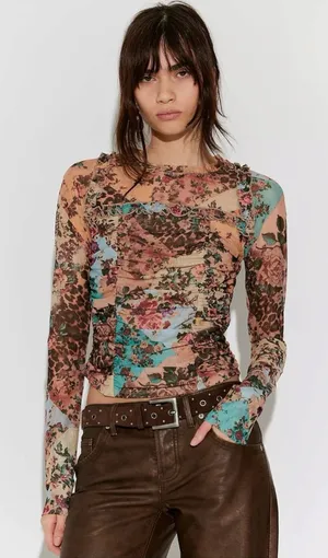 Free People Dainty Retro 90s Ariana Long Sleeve Ruched Top Taupe Combo Large thumbnail 1