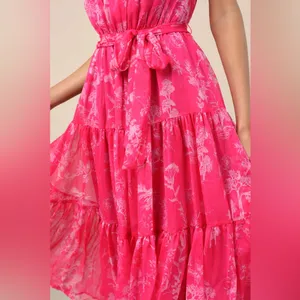 Lulu's Hot Pink Floral Tiered Halter Dress thumbnail 2