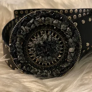 Black Studded Leather Belt with Decorative Round Buckle thumbnail 3