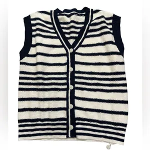 Commense Navy and White Striped Sleeveless Cardigan Vest Top thumbnail 2