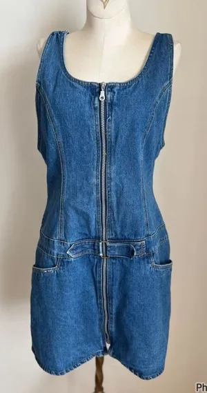 Vintage Y2K On Fire Denim Overall Dress Zipper Pockets Medium thumbnail 1