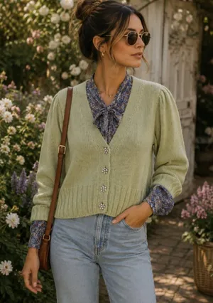 Zara Light Green Jeweled Cardigan Sweater Knit Size S Cottagecore Soft Girl Boho thumbnail 1