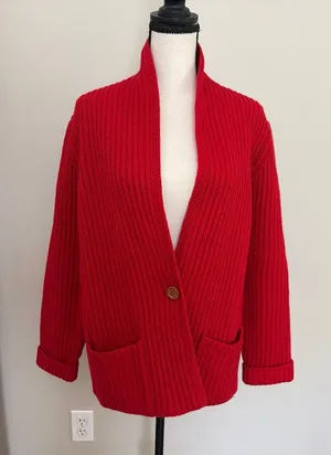 Vintage L.L. BEAN 80s Dark Red 100% Shetland Wool Chunky Cardigan Sweater Size M thumbnail 1
