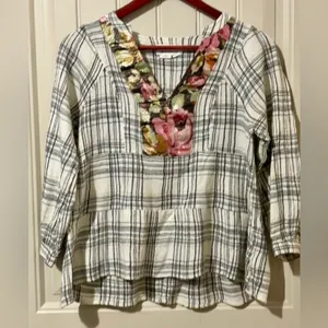 by Anthropologie Black/White Darlene Plaid Peasant Blouse thumbnail 3
