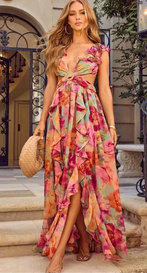BNWT! Vici Carlita Floral Ruffle Cutout Open Back Maxi Dress Size L thumbnail 1