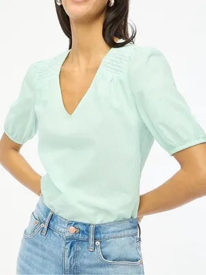 J. Crew Pinstripe Green White Blouse Top Women’s Medium thumbnail 1