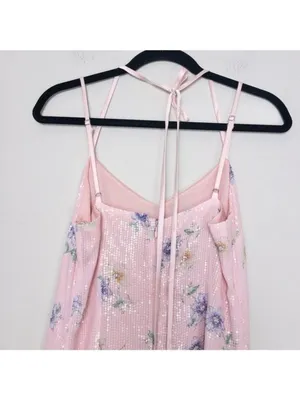 NEW Endless Rose Free The Roses Sequin Floral Slip Maxi Dress S Pink Halter Tie thumbnail 6