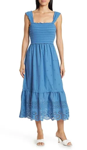 Betsey Johnson Smocked Embroidered Eyelet Midi Dress in Federal Blue, Size XL thumbnail 1