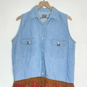 Vintage Details Express Tunic Shirt Women's Size Large‎ Blue Chambray Fringe 90s thumbnail 3