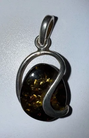 Vintage Flecked Baltic Amber Sterling Silver‎ Modernist Pendant thumbnail 1