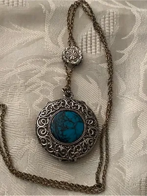 Vtg Max Factor Necklace Solid Perfume Locket Silver Turquoise Stone Hypnotique Blue thumbnail 2