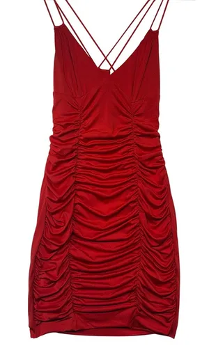 Hello Molly Red Ruched Mini Dress Bodycon V-Neck Strappy Cross Back A02460-red-8 thumbnail 1