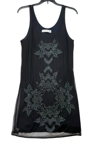 Abercrombie & Fitch size medium Black Tank Mini Dress Gray Embroidery bead y2k thumbnail 1