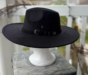 NWT Frye Black Wool Felt Wide Brim Hat 3” Brim Adjustable Western Fedora OS RARE thumbnail 1