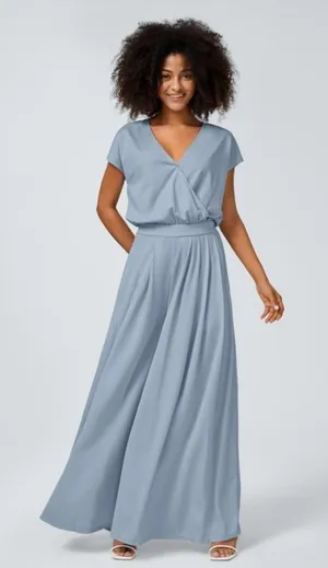 Halara‎ L V Neck SS Side Pocket Wide Leg Flowy Waffle Casual Jumpsuit Quiet Blue thumbnail 1
