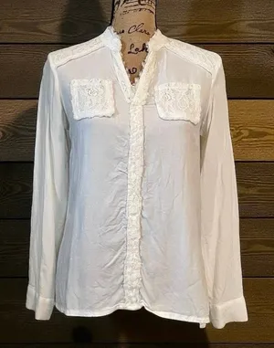 Cato Ivory Lace Ruffle Detail Long Sleeve Collared Button-Up Blouse Size S thumbnail 1