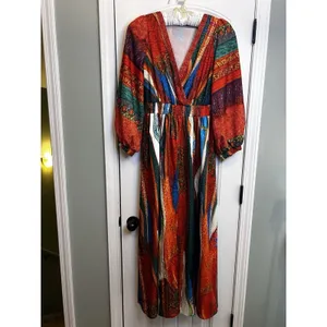 Women’s L Multicolor Abstract V-Neck Smocked Waist 3/4 Balloon Sleeve Maxi thumbnail 10