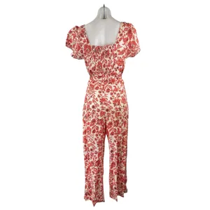 Find Me Now Red Floral Short Puff Sleeve Smocked Tie Waist Crop Jumpsuit Size M thumbnail 4