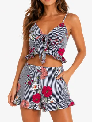 TRAC Floral Stripe Two Piece Set Ruffle Shorts & Tie Front Crop Top S thumbnail 1